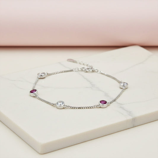 Silver Classic Ruby pink and White Girlish Chain bracelet