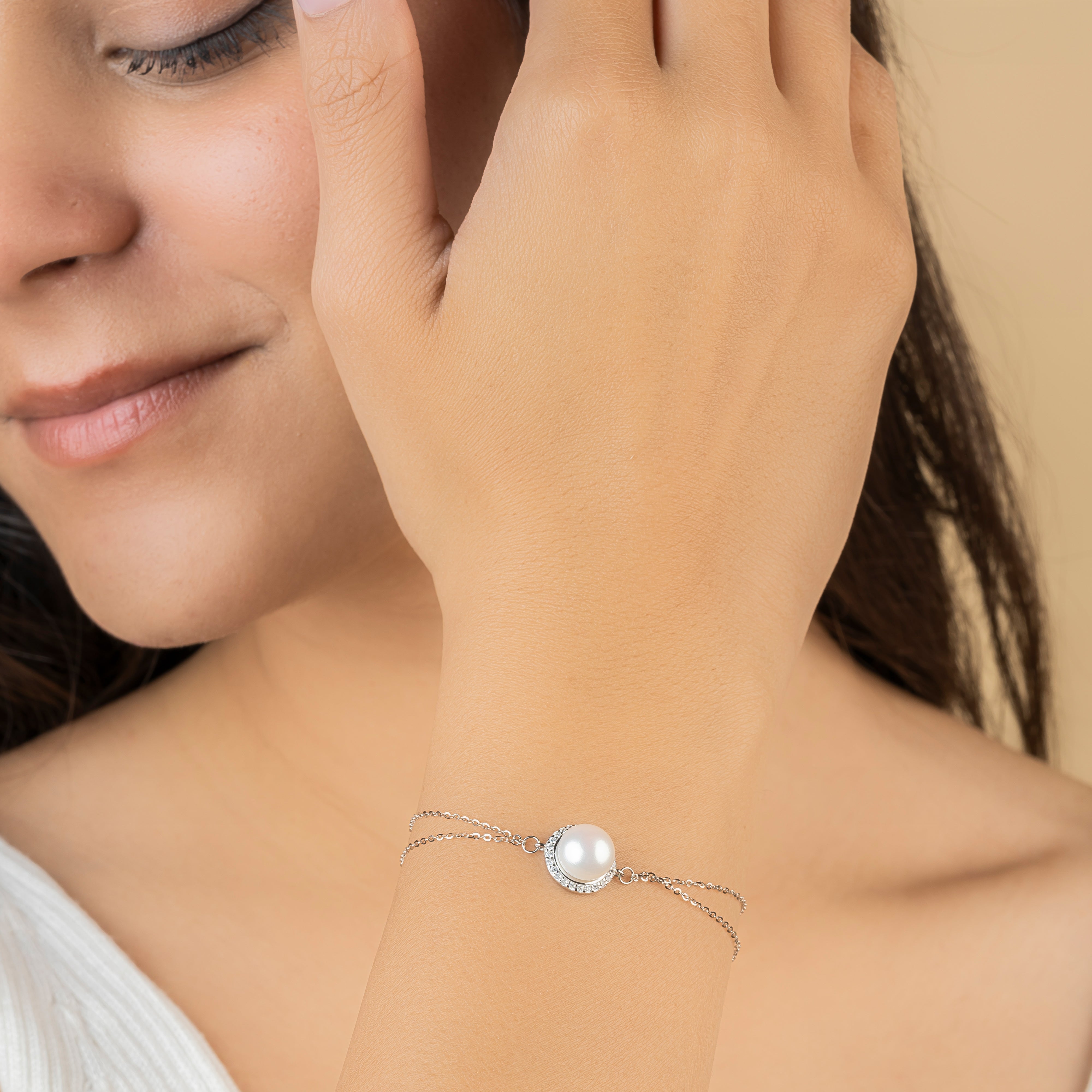 Sterling Silver Radiant Halo Pearl Double-Chain Bracelet