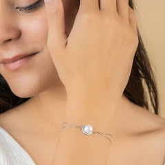 Sterling Silver Radiant Halo Pearl Double-Chain Bracelet