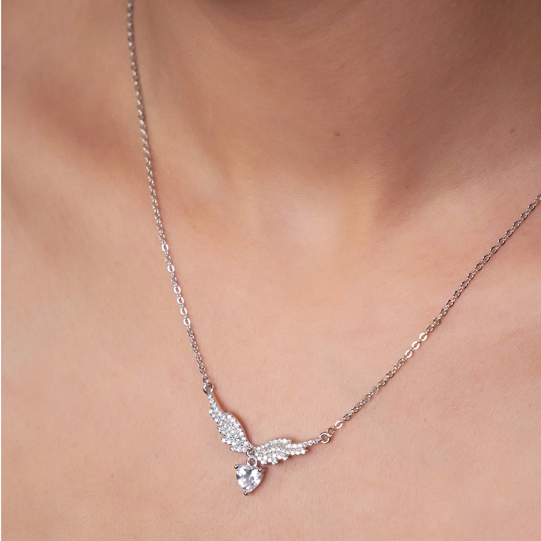 Silver Angel Wings Heart Chain Pendant