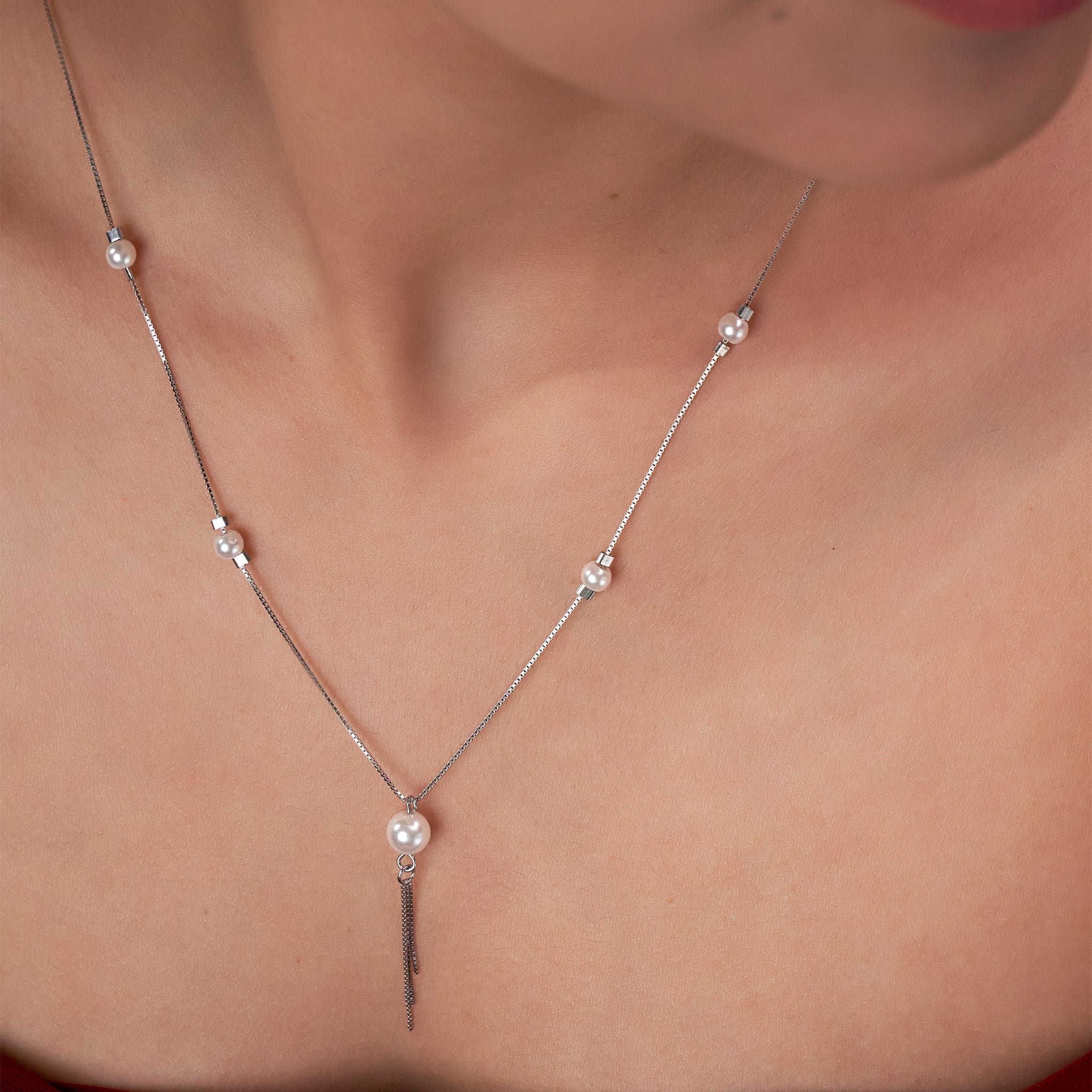Silver Minimalist Pearl Drop Lariat Chain