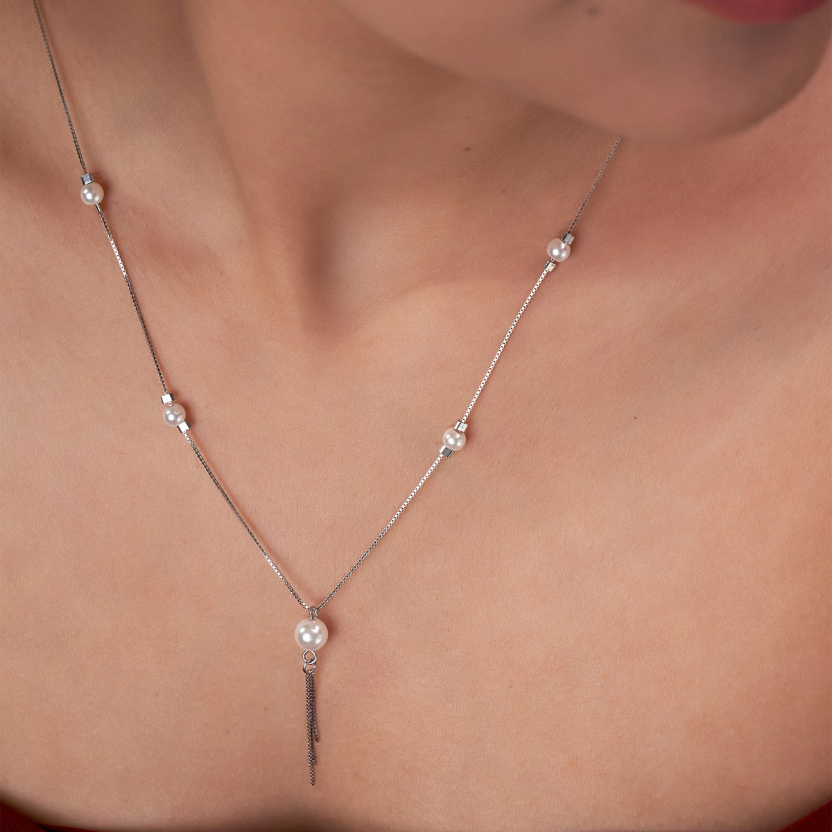 Silver Minimalist Pearl Drop Lariat Chain