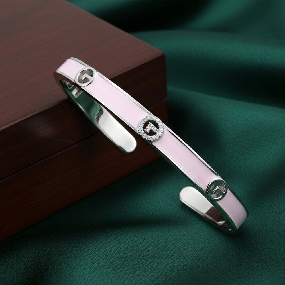 Silver Pink Enamel Open Bracelet