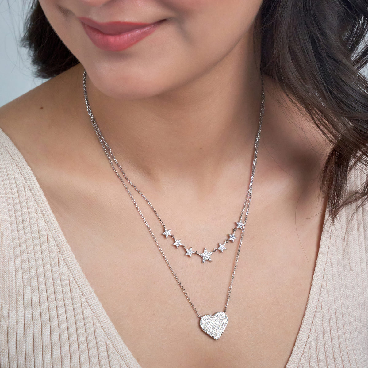 Silver Celestial Heart Double Layer Set