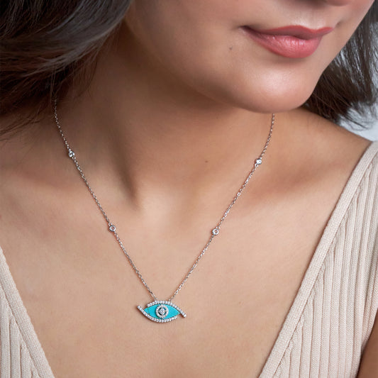 Silver Elegant Evil Eye Blue Pendant Necklace
