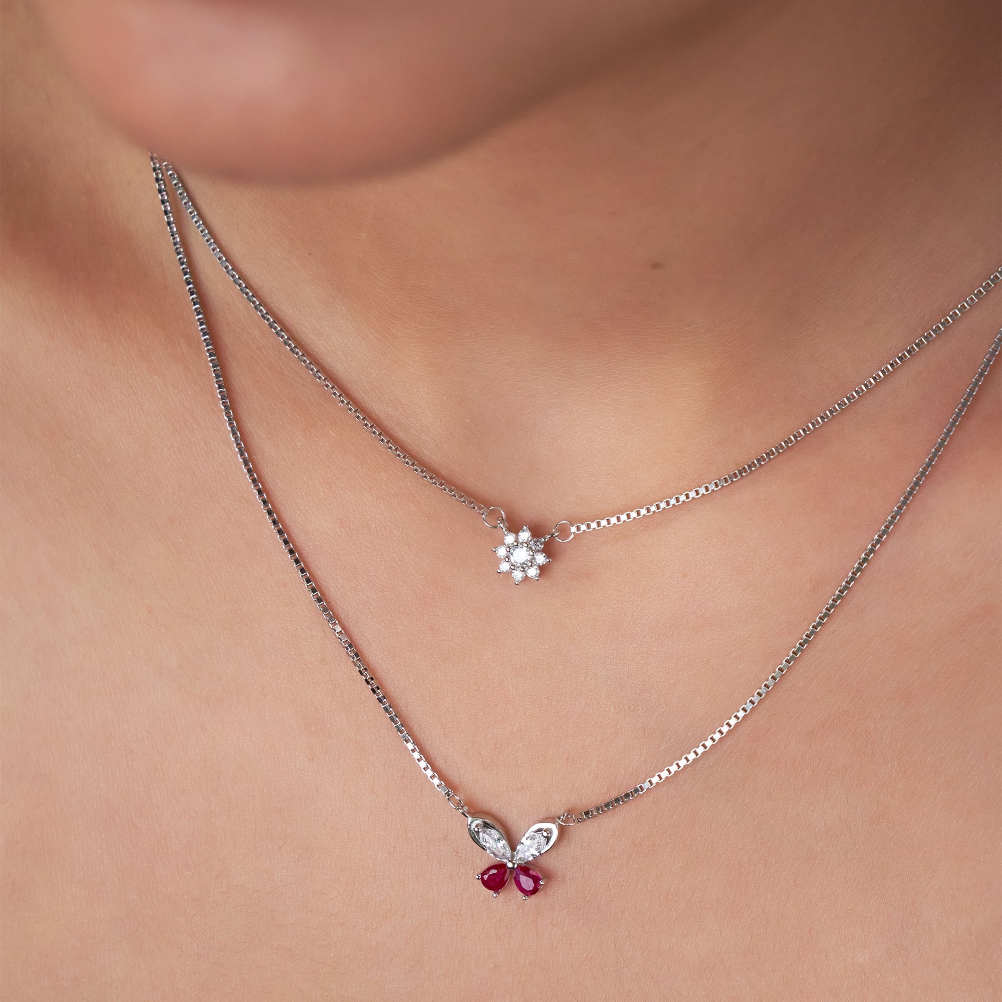 Silver Dainty Butterfly & Starburst Pendant Set