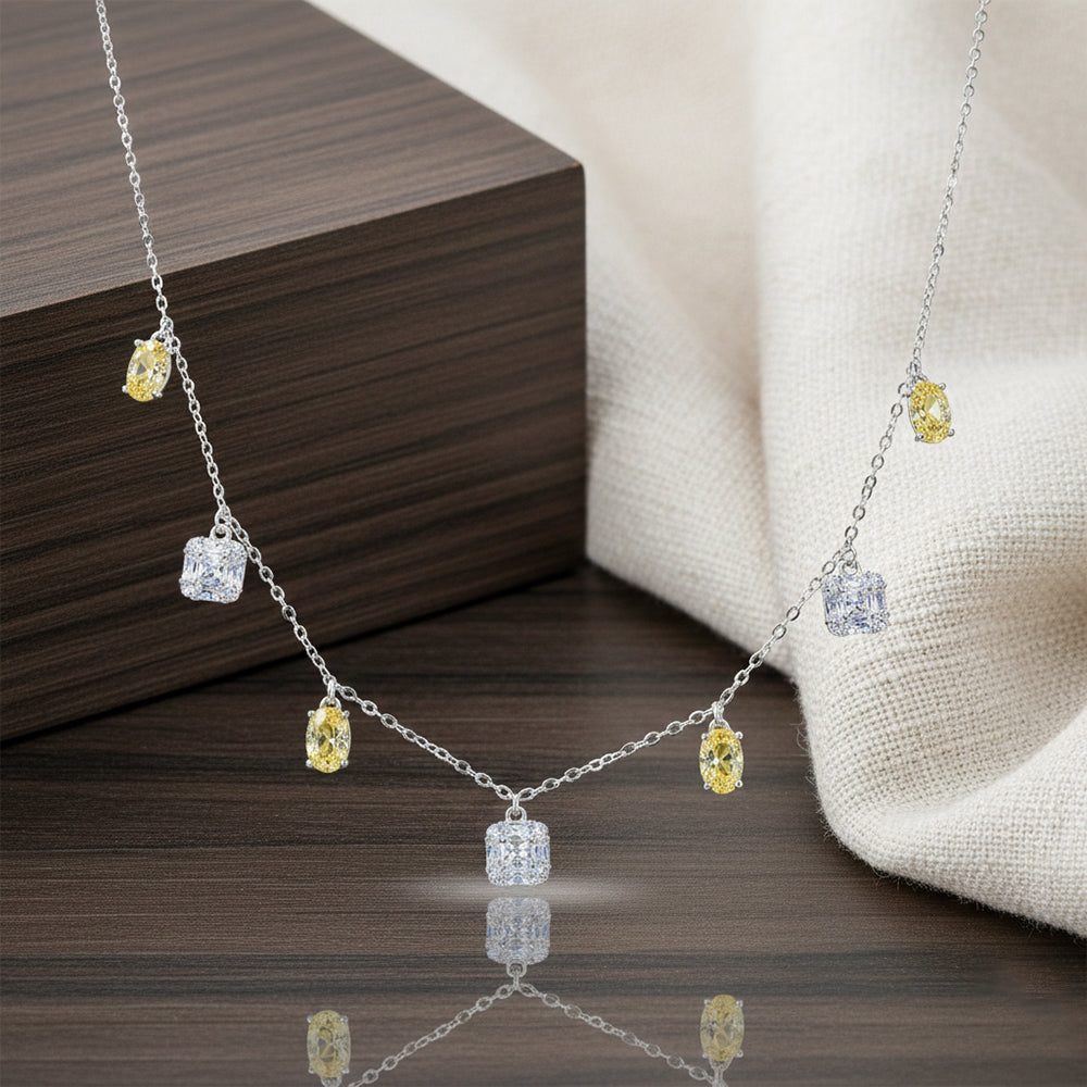 Silver Yellow and white CZ stones in Emerald cut Necklace