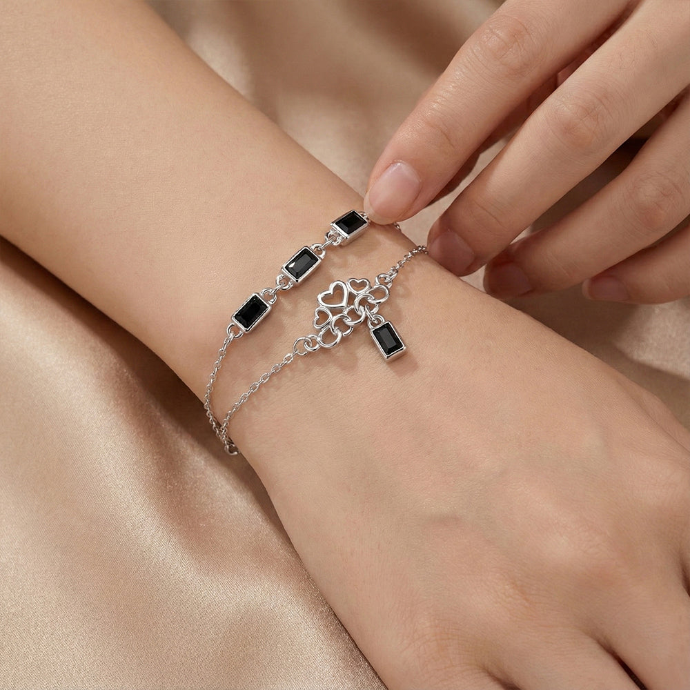 Silver Double Layered Bracelet With Black Baguette And Heart charms