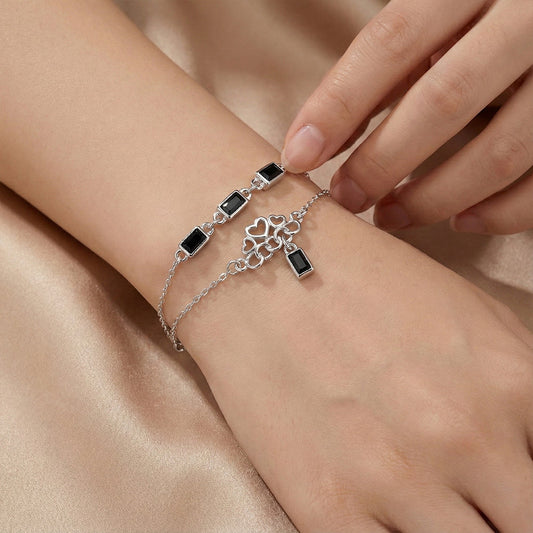 Silver Double Layered Bracelet With Black Baguette And Heart charms