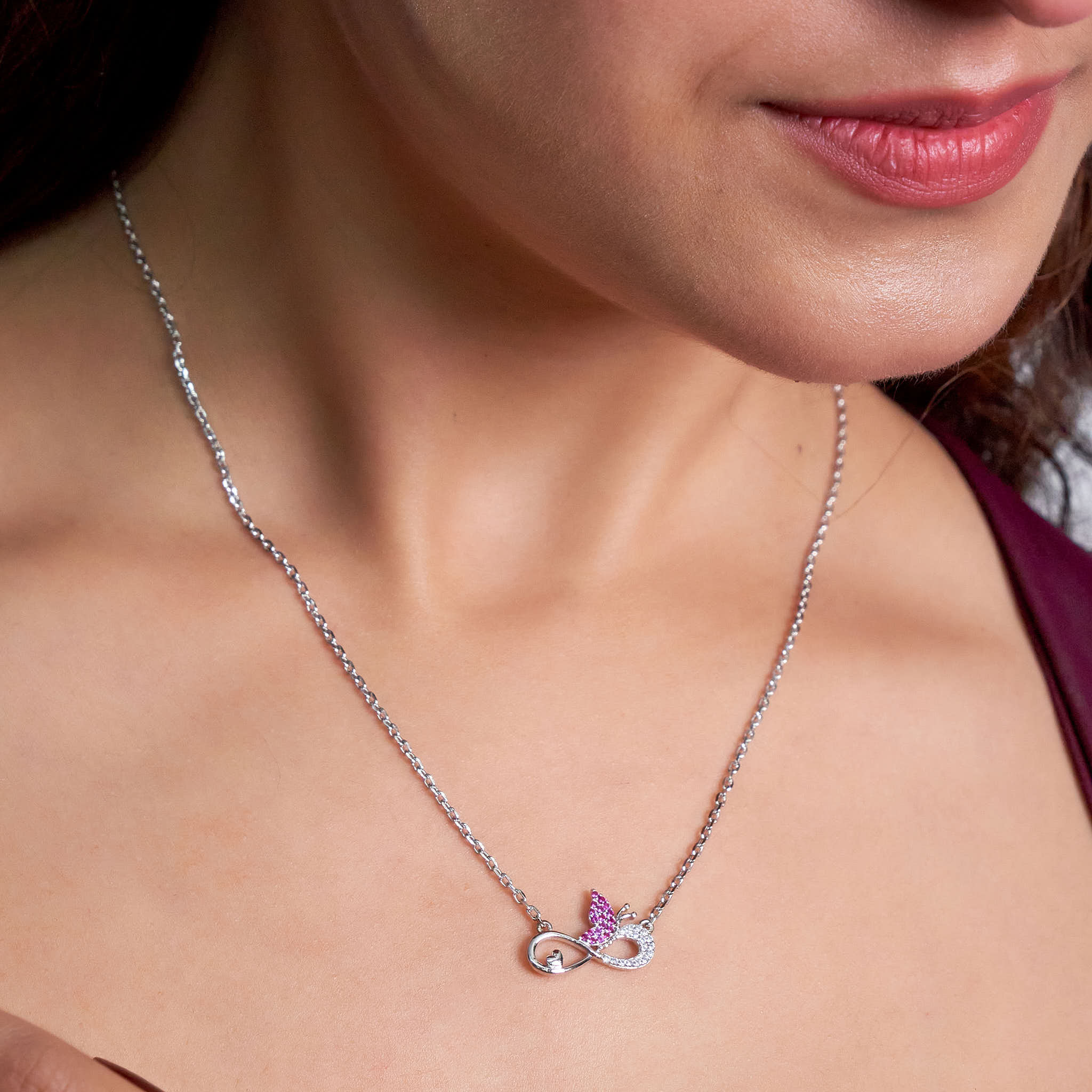 Silver Pink Butterfly and Infinity Love Pendant