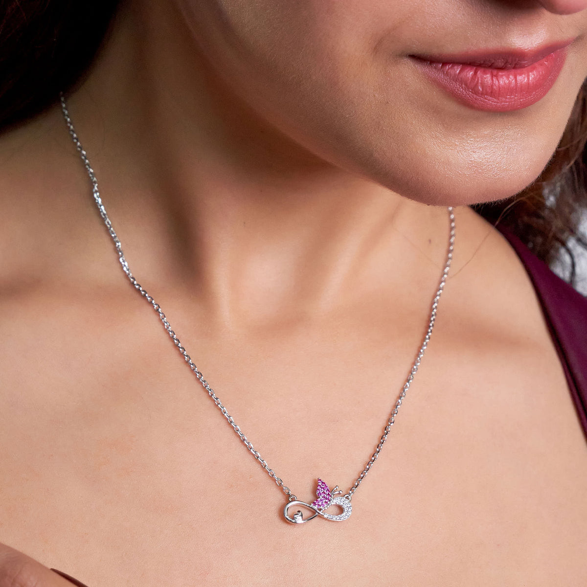 Silver Pink Butterfly and Infinity Love Pendant