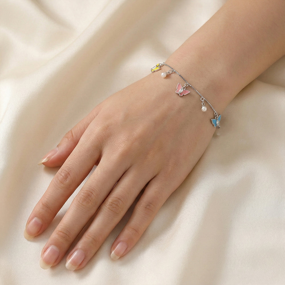 Silver Butterfly Charm Bracelet with Enamel & Pearl Drops