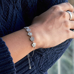 Silver Cute Flower Design Chain Bracelet With MOP & CZ Diamonds