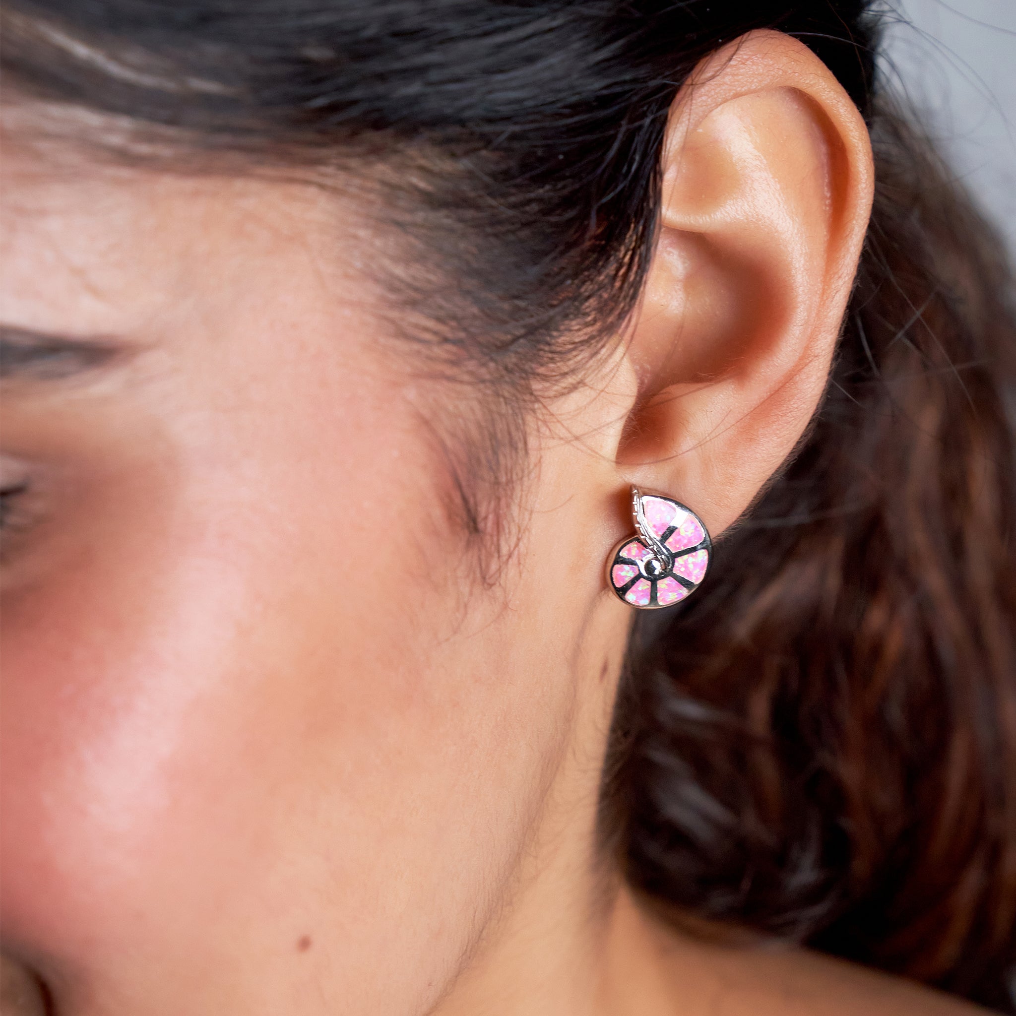 Silver Pink Paradise Nautilus Opal Stud Earrings