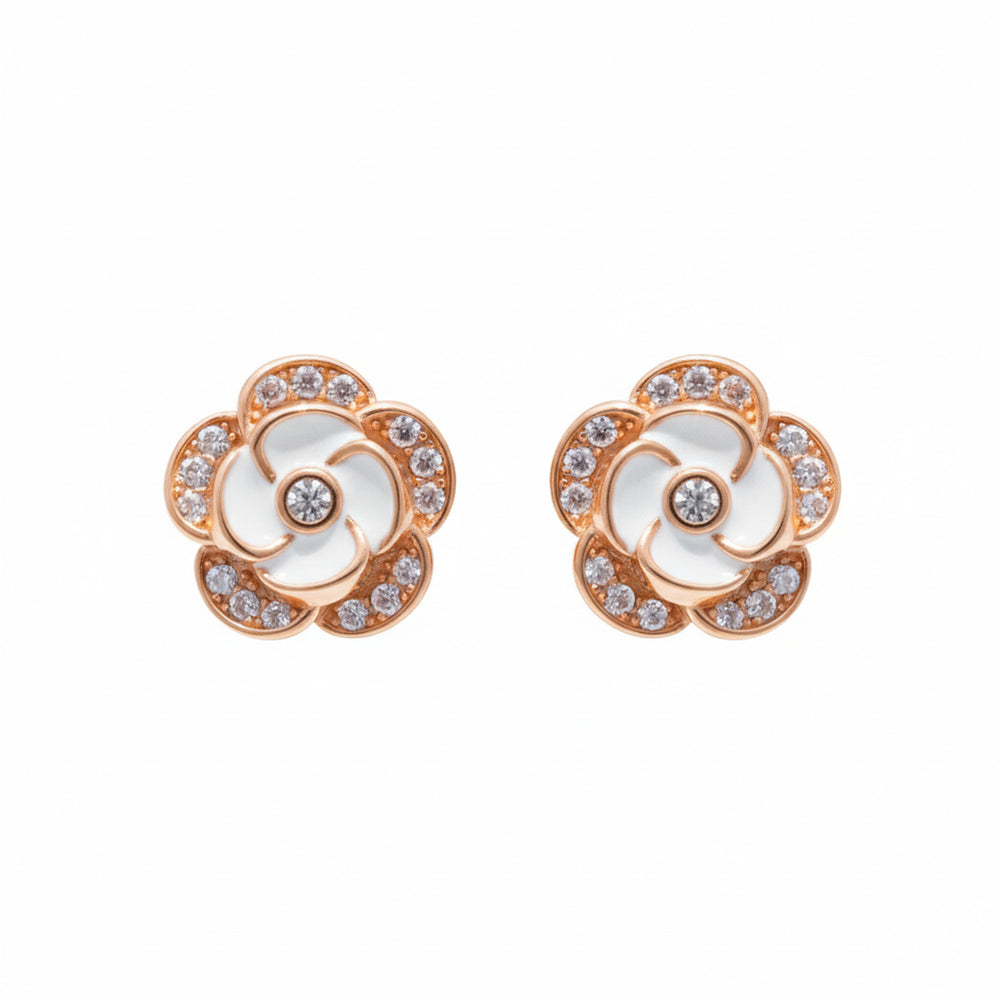 Rose Gold Parisian Camellia Sparkle Stud Earrings
