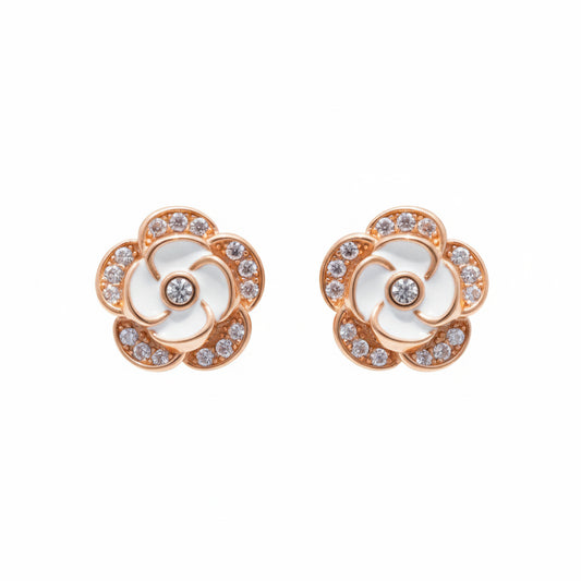 Rose Gold Parisian Camellia Sparkle Stud Earrings