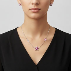 Silver Radiant Pink Floral Pendant Set