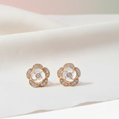 Rose Gold Parisian Camellia Sparkle Stud Earrings