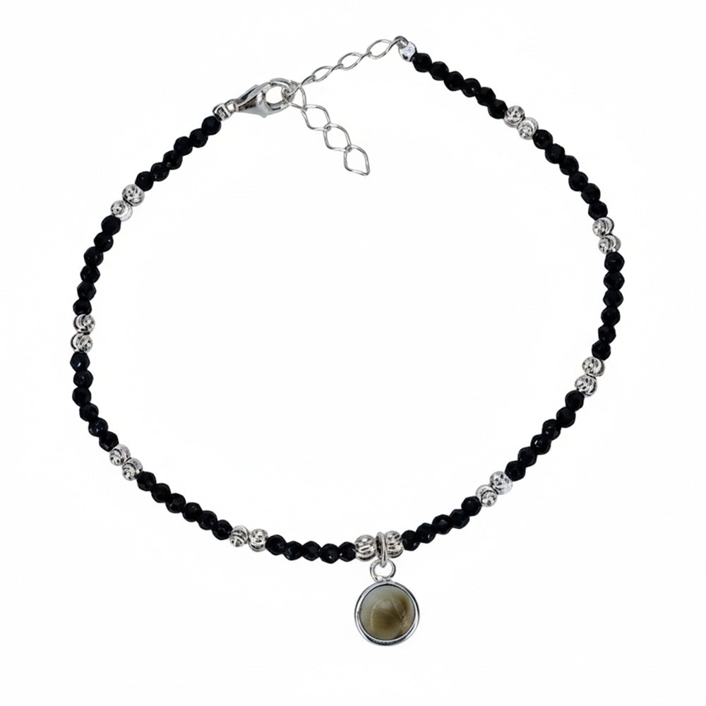 Silver Sleek Charm Black Beads Bracelet