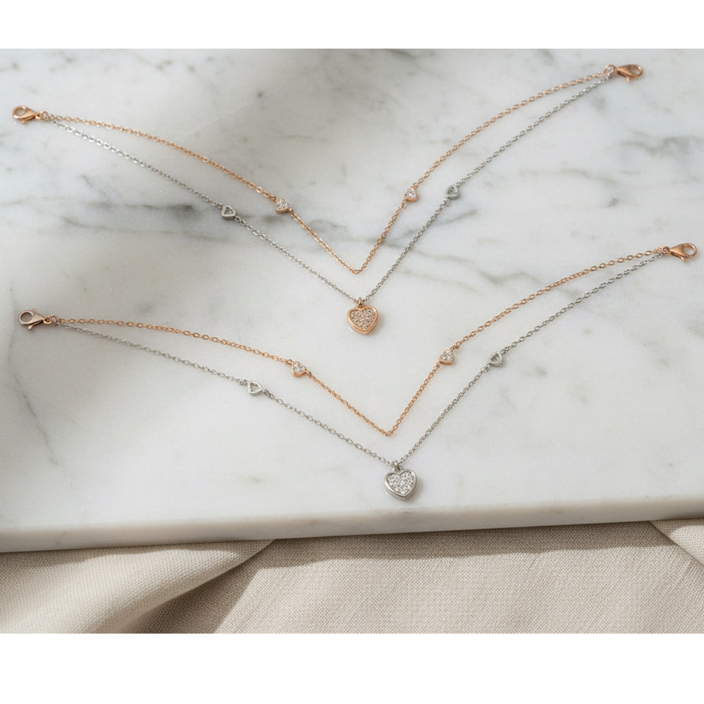 Silver Two-Tone Love Layered Anklet Set