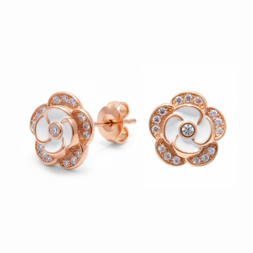 Rose Gold Parisian Camellia Sparkle Stud Earrings