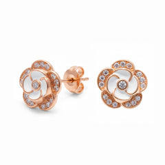 Rose Gold Parisian Camellia Sparkle Stud Earrings
