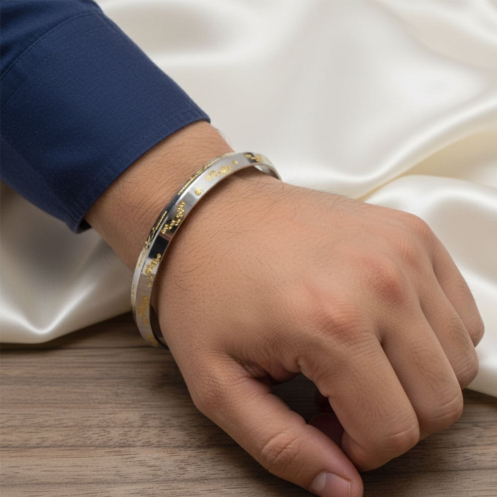 925 Silver Kada with Geometric Gold Engravings for him