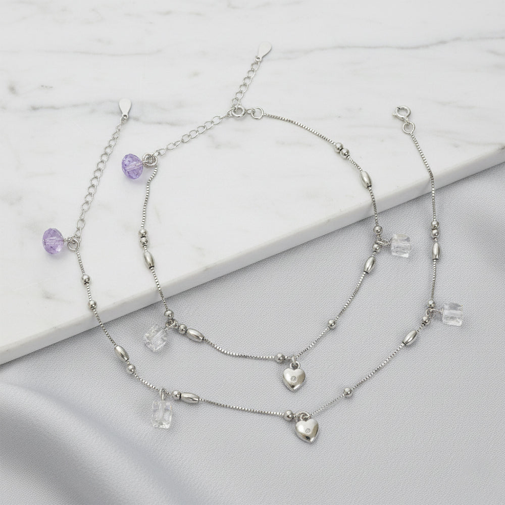 Silver Lilac crytal and heart Charm Anklet for her