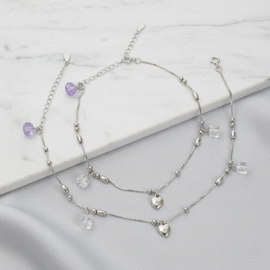 Silver Lilac crytal and heart Charm Anklet for her
