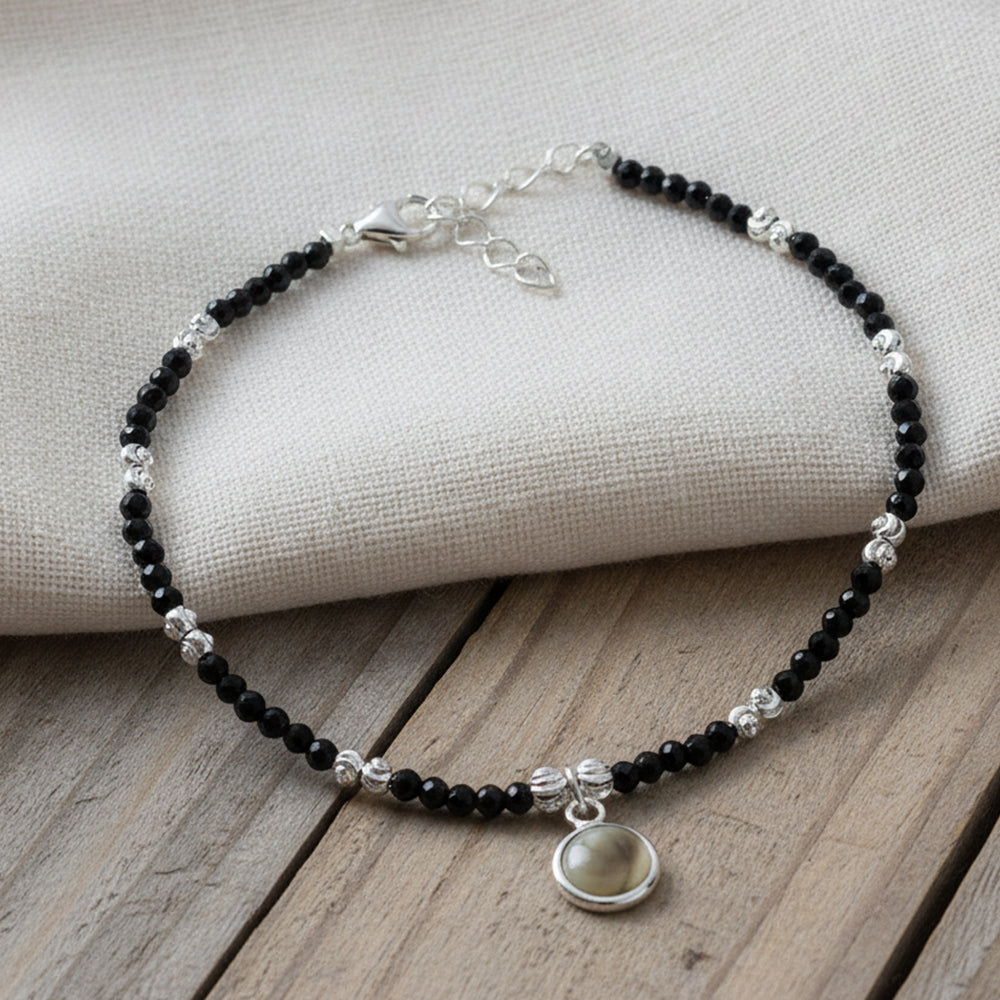 Silver Sleek Charm Black Beads Bracelet