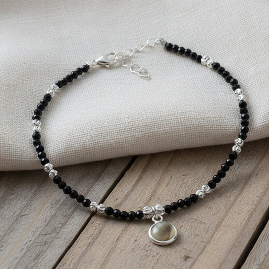 Silver Sleek Charm Black Beads Bracelet