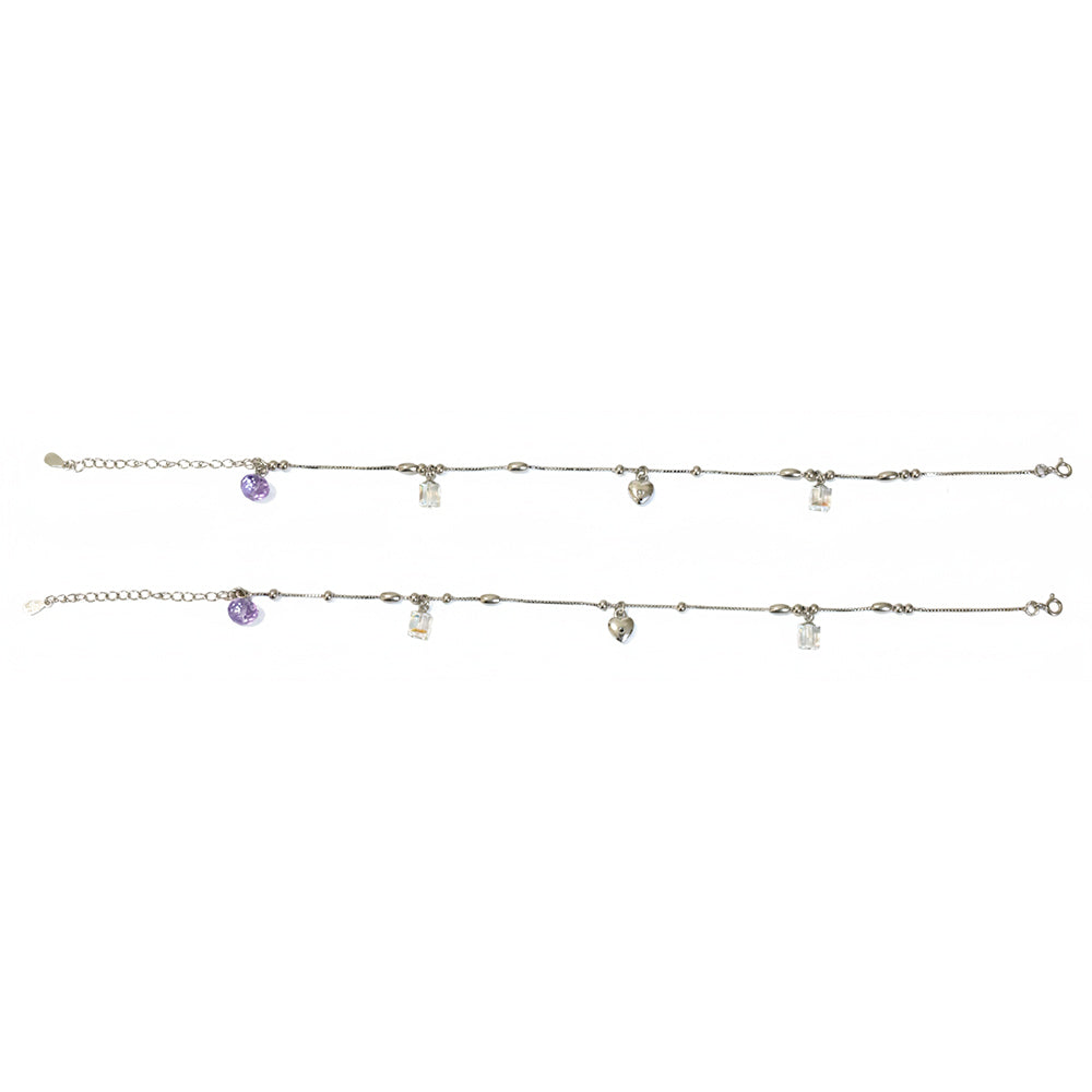 Silver Lilac crytal and heart Charm Anklet for her