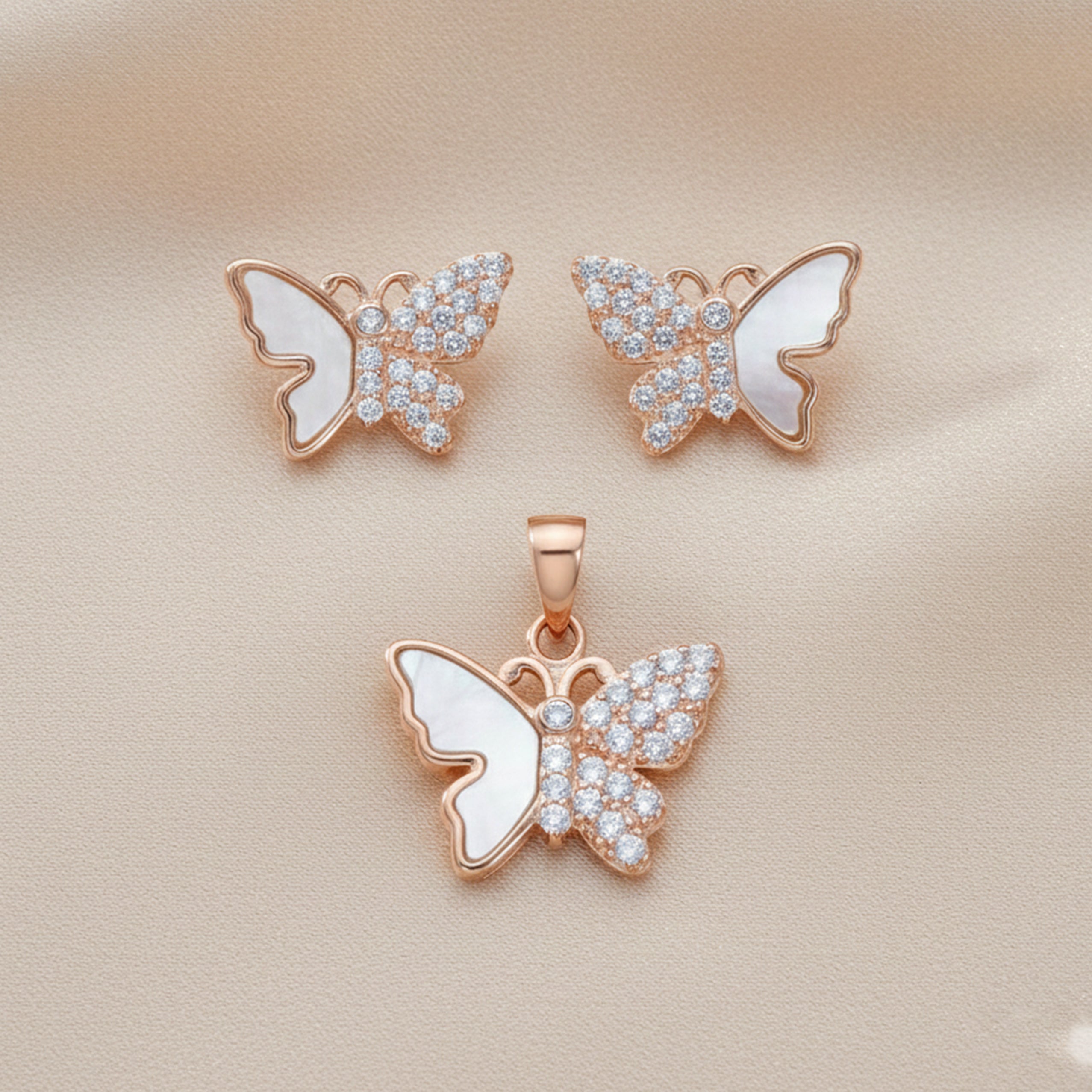 Rose Gold Radiant Butterfly Pendant Set