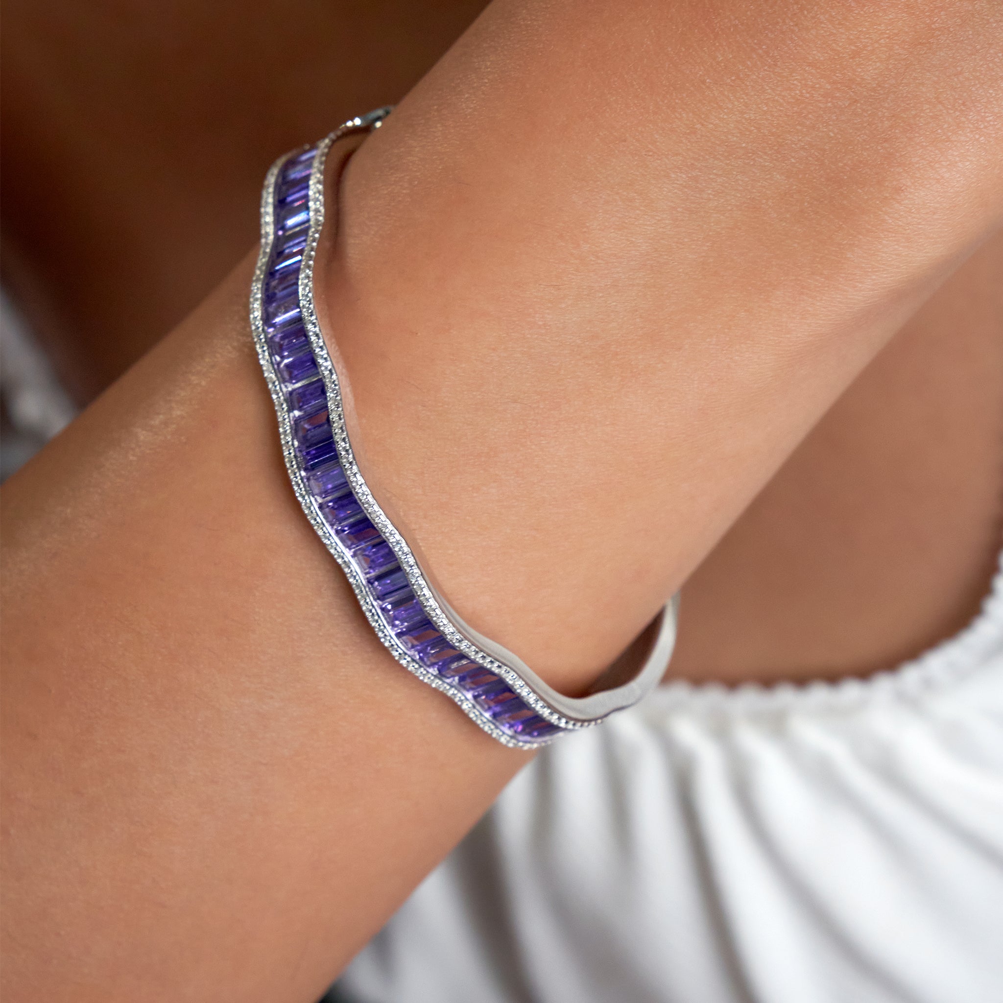 Silver Amethyst Purple Baguette Cut Zirconia Bracelet