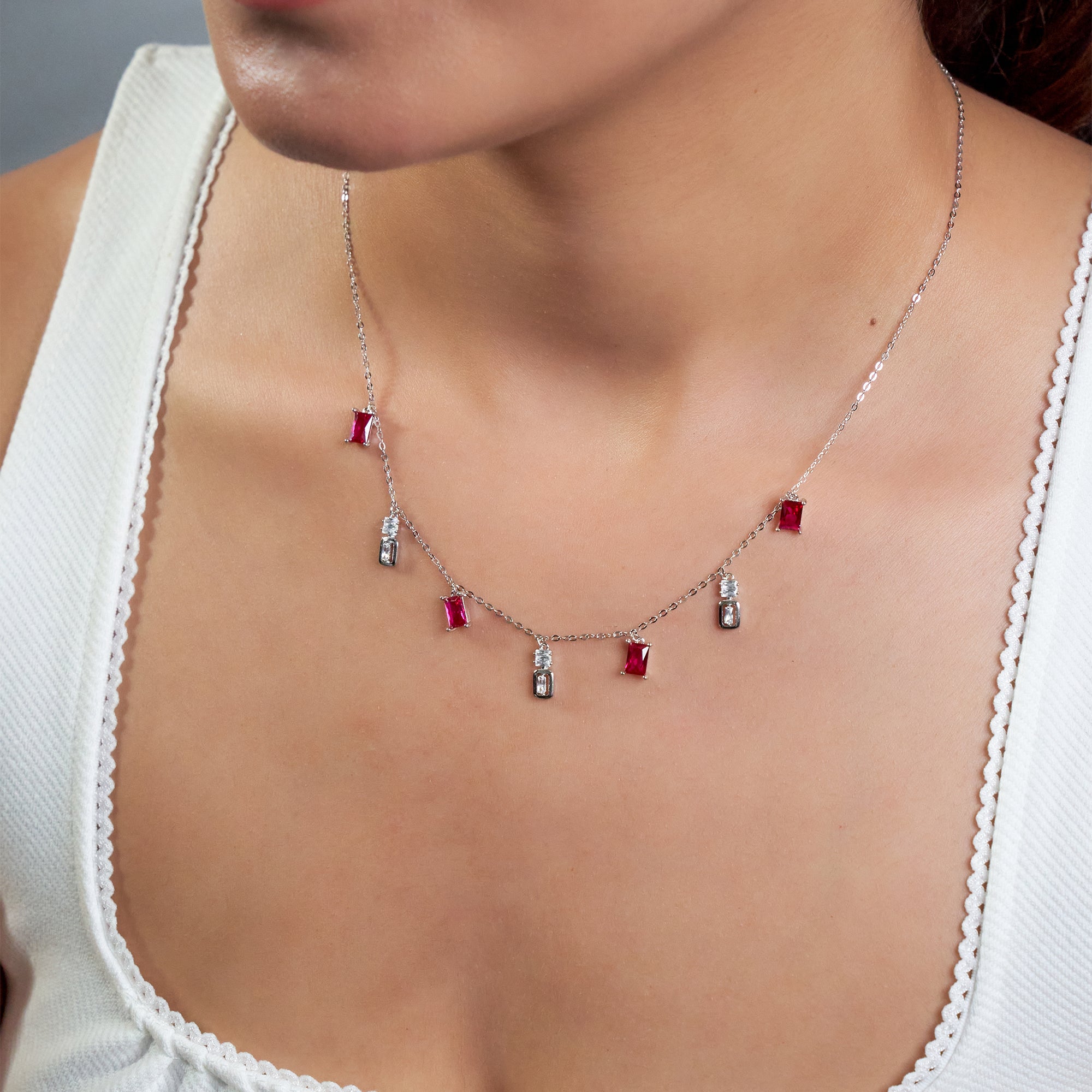 Silver Ruby Red Charms Necklace