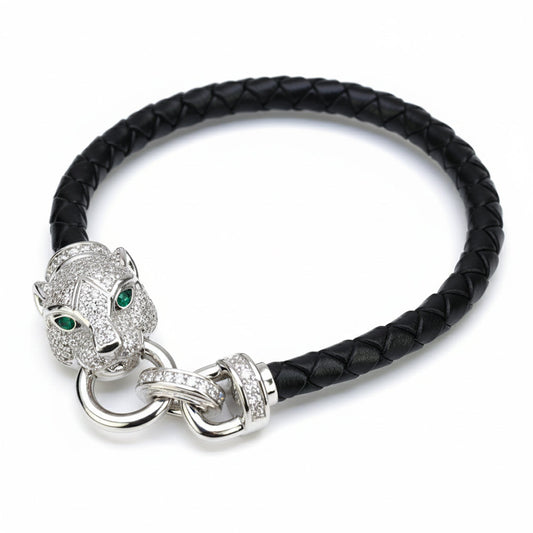 Silver Majestic Jaguar leather bracelet For mens