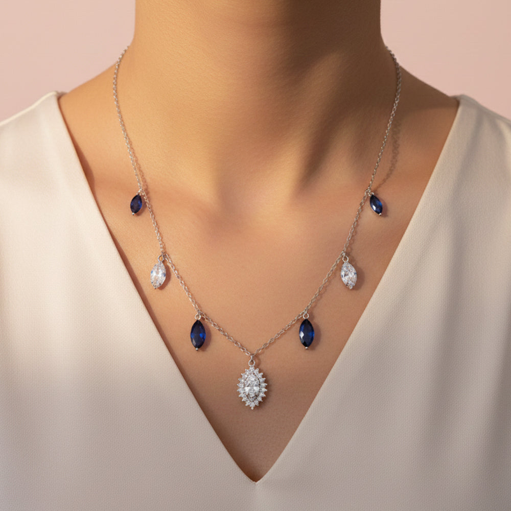 Silver Cascading Blue Marquise Drop Necklace