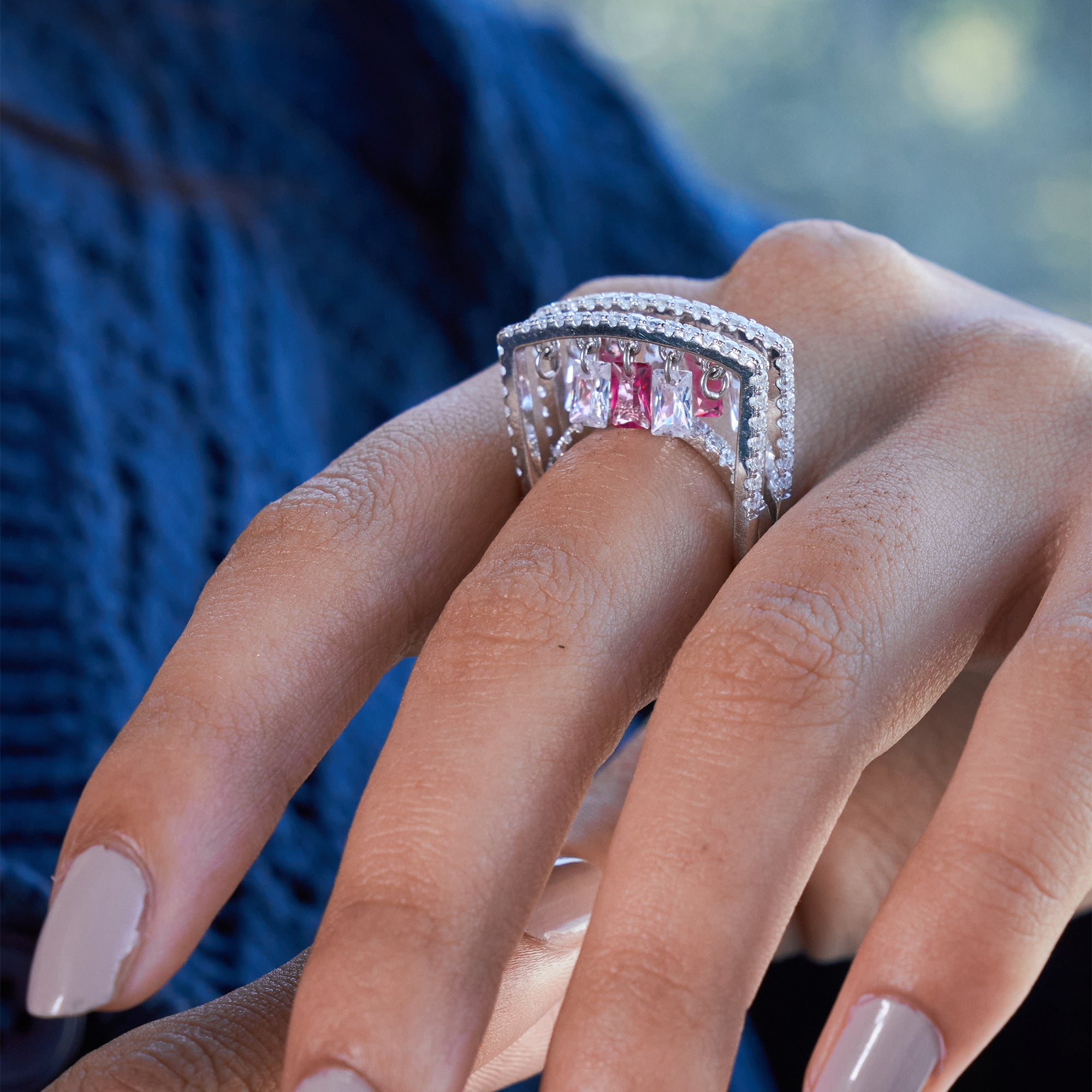 Silver Daisy Pink Double Band Ring For Her