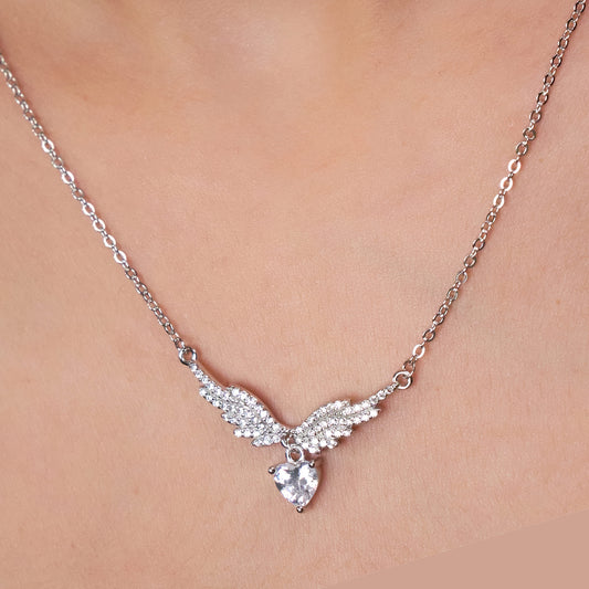 Silver Angel Wings Heart Chain Pendant