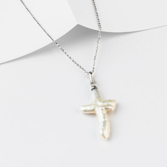 Ethereal Grace Natural Freshwater Cross Pearl Pendant