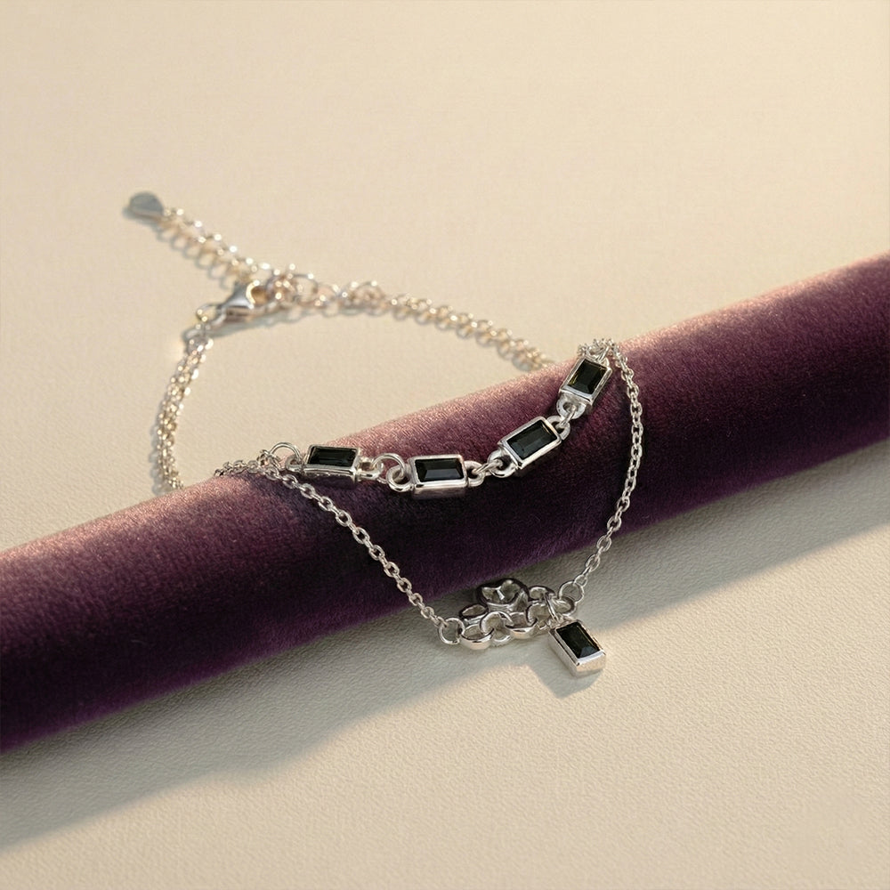 Silver Double Layered Bracelet With Black Baguette And Heart charms