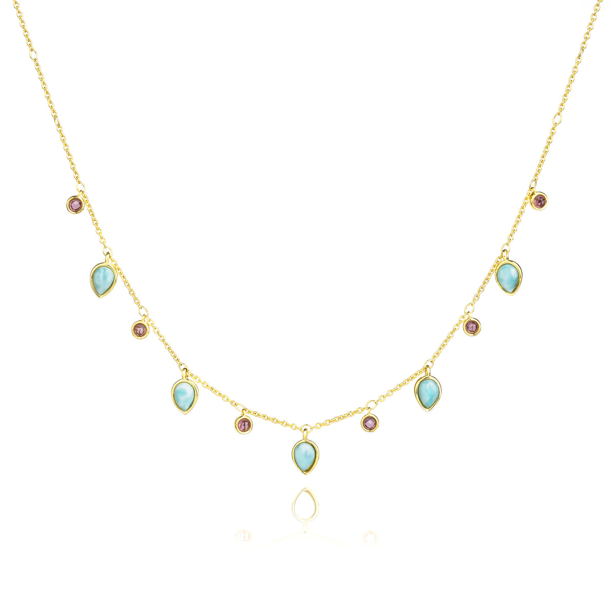 Celestial Larimar & Pink Tourmaline 925 Pure Silver Necklace