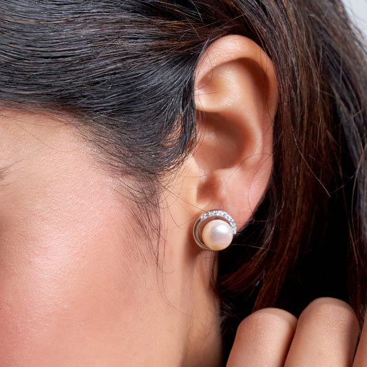 Silver Classy Pearl with Zircons Studs earrings