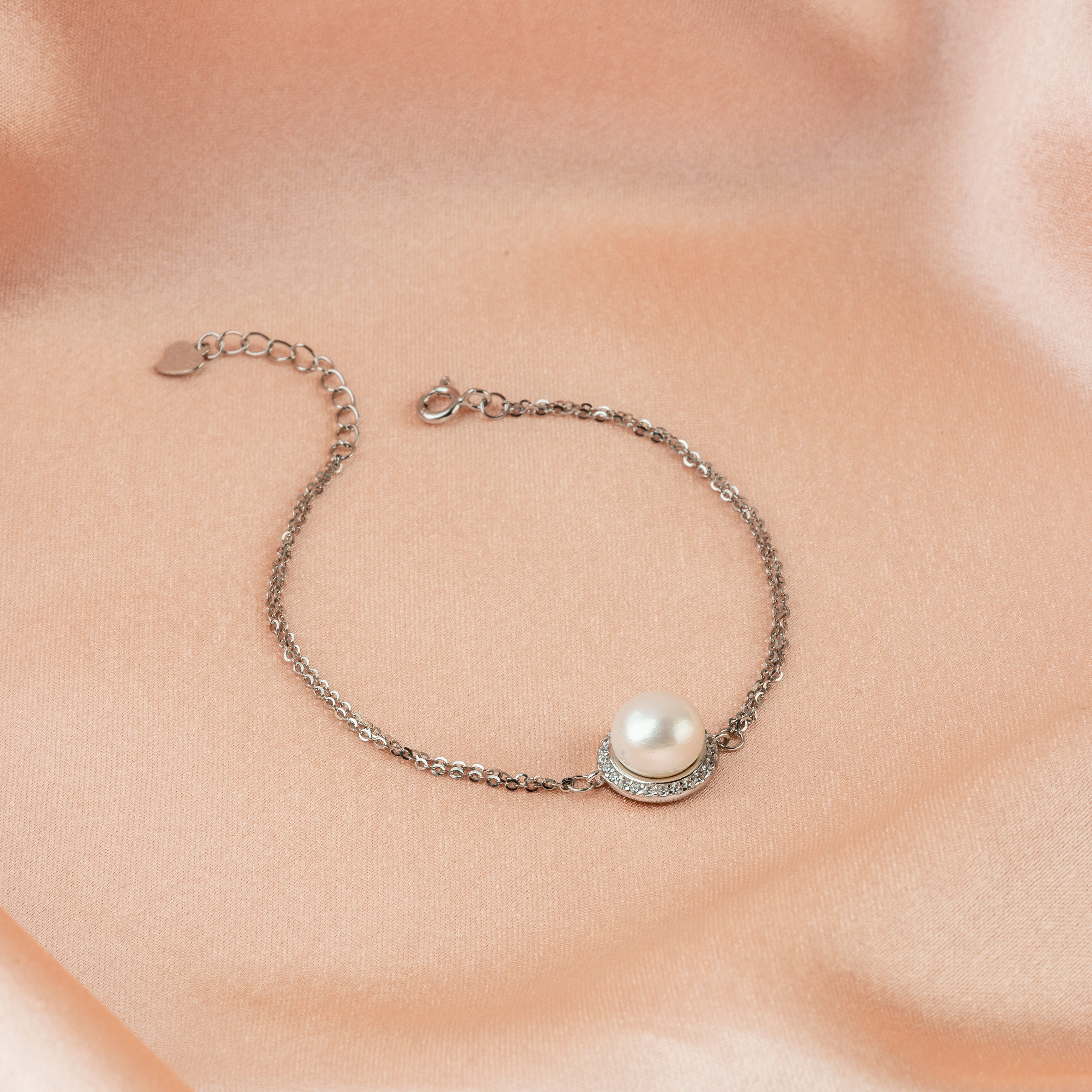 Sterling Silver Radiant Halo Pearl Double-Chain Bracelet