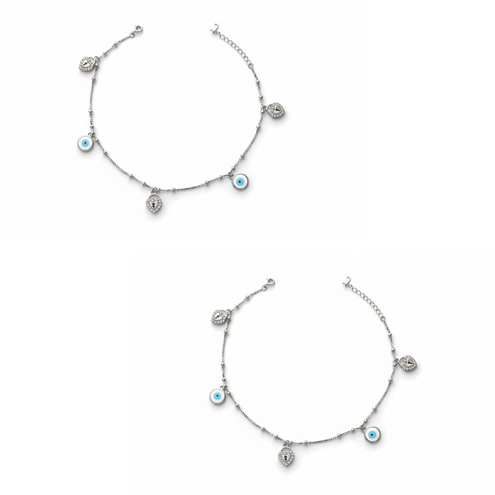 925 Silver Heart Padlock and Evil Eye Charm Anklet