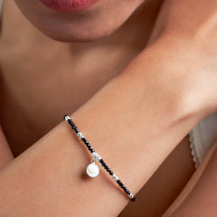 Silver Sleek Charm Black Beads Bracelet