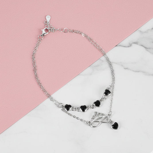 Silver Double Layered Black Heart Charm Bracelet with Crown Infinity