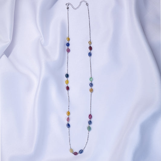 Silver Trio Multicolor Gemstone long chain necklace