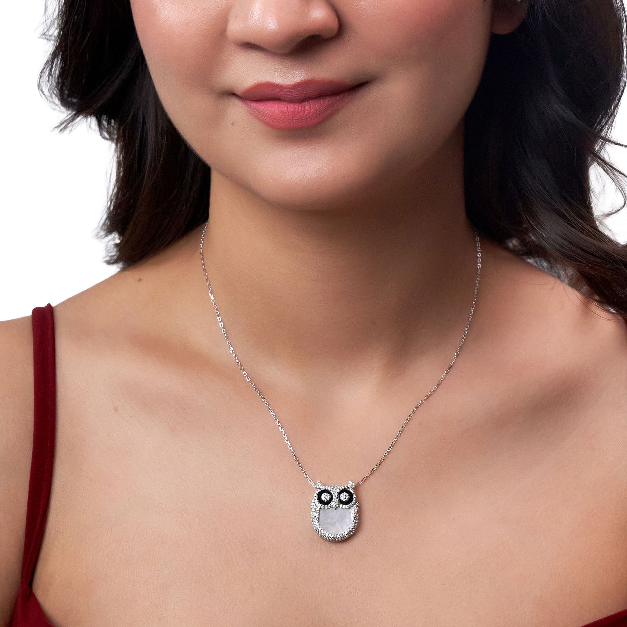 Silver Wise Owl Necklace pendant with Mother of Pearl and CZ