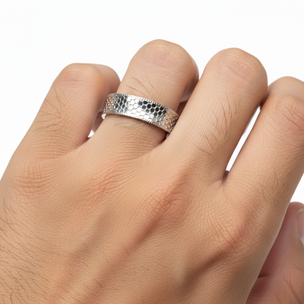 Silver Men's Modern Honeycomb Design Band